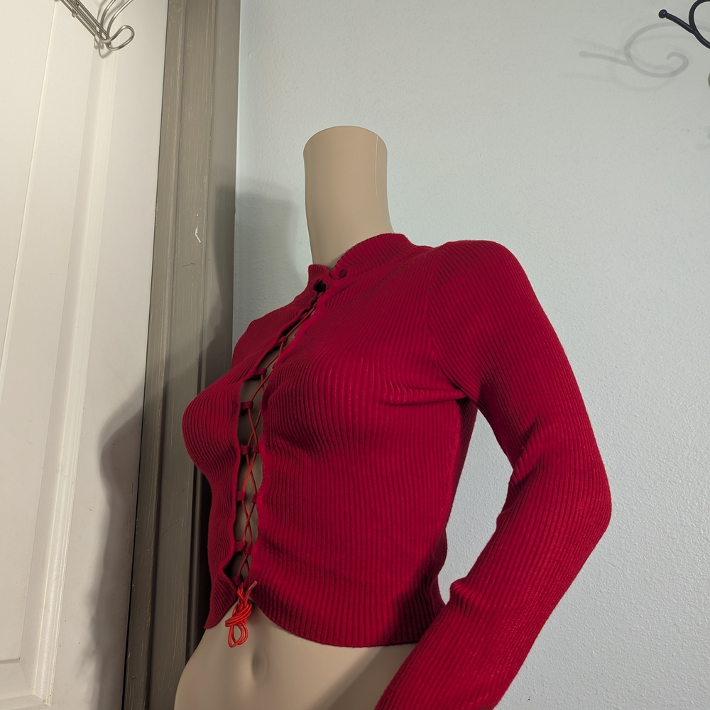 Red Ribbed Long Sleeve Top - Picture 6 of 9
